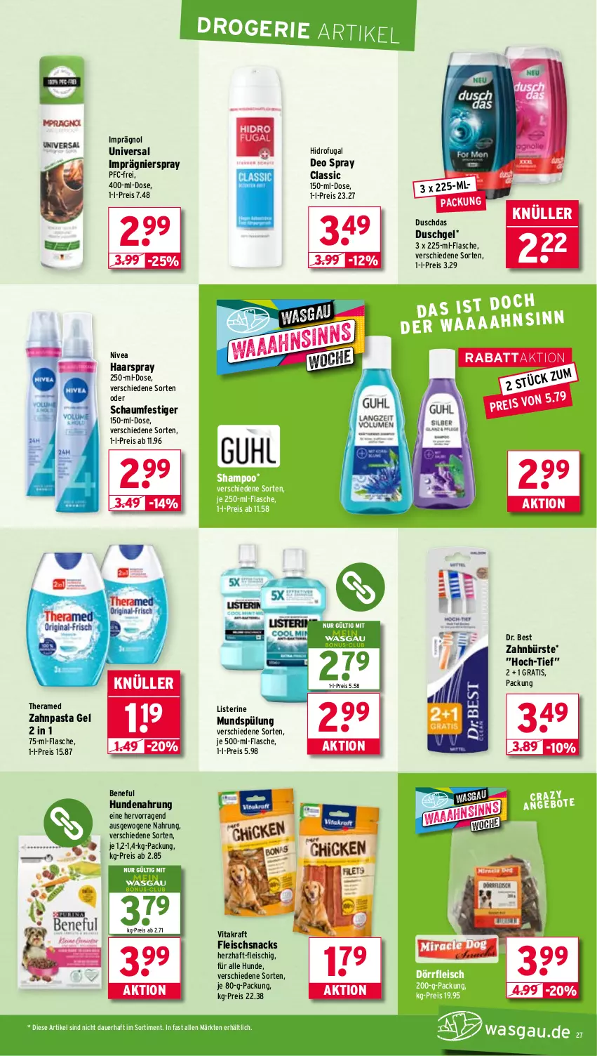 Aktueller Prospekt Wasgau - von 29.09 bis 04.10.2025 - strona 27 - produkty: auer, bürste, deo, deo spray, Dr. Best, duschdas, duschgel, eis, flasche, fleisch, haarspray, hundenahrung, je 500-ml-flasche, kraft, listerine, mundspülung, nivea, pasta, reis, schaumfestiger, shampoo, snack, snacks, spülung, theramed, Ti, vita, vitakraft, zahnbürste, zahnpasta