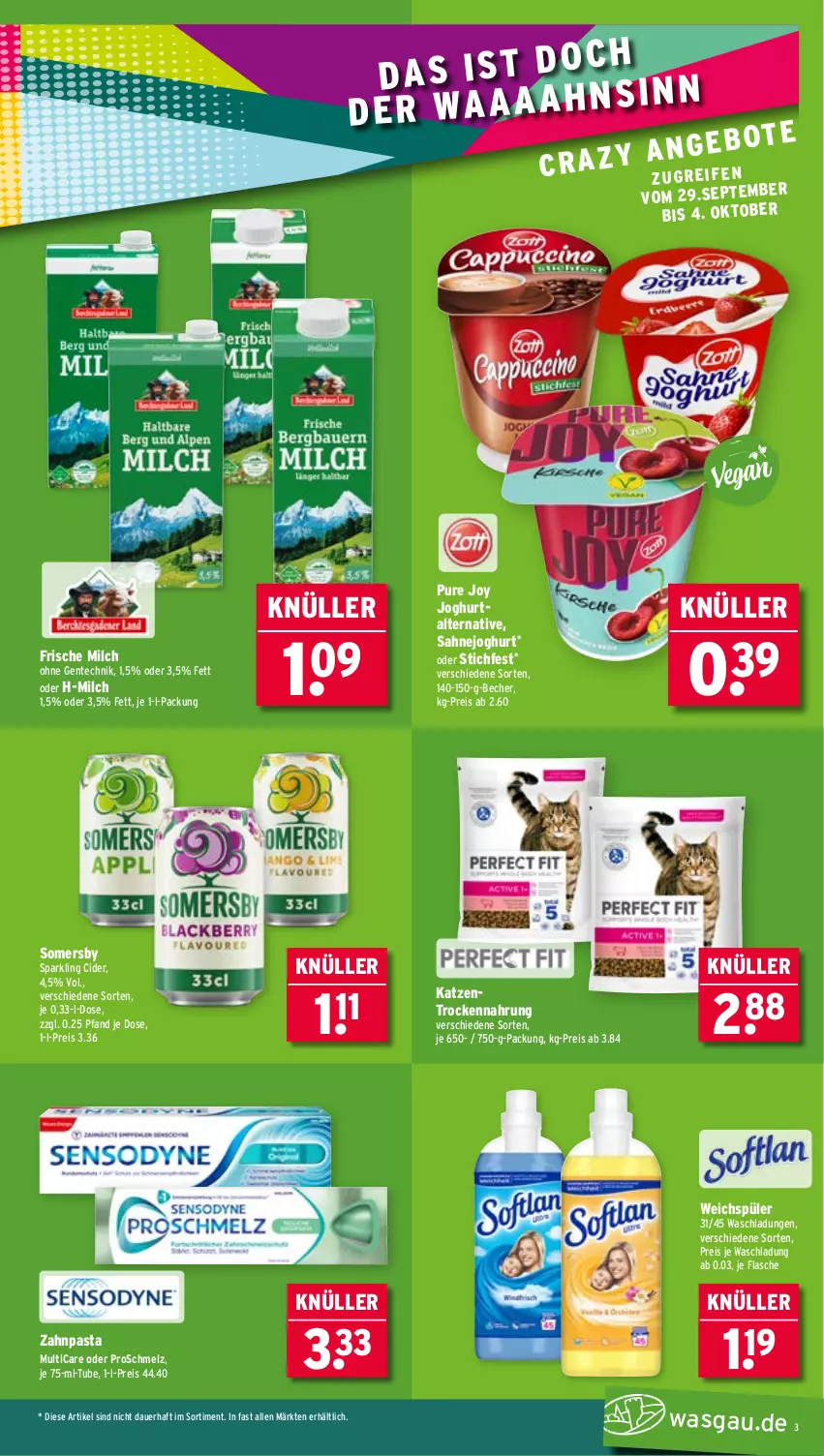 Aktueller Prospekt Wasgau - von 29.09 bis 04.10.2025 - strona 3 - produkty: auer, Becher, cider, eis, ente, flasche, frische milch, joghur, joghurt, milch, pasta, reis, sahne, Sahnejoghurt, somersby, Ti, Trockennahrung, weichspüler, zahnpasta