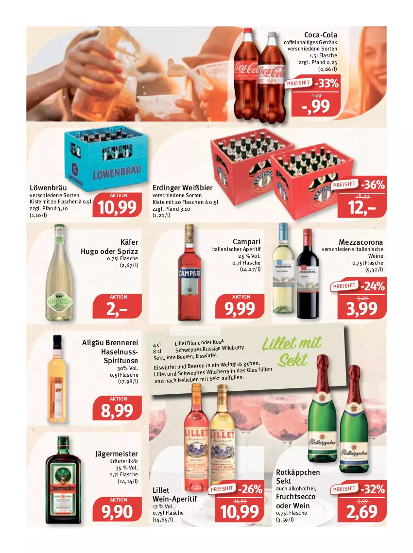 Aktueller Prospekt Feneberg - Prospekte - von 21.07 bis 23.07.2022 - strona 12 - produkty: alkohol, aperitif, beere, beeren, bier, campari, coca-cola, coffein, cola, corona, ecco, eis, eiswürfel, erdinger, flasche, frucht, fruchtsecco, Germ, getränk, haselnuss, hugo, jägermeister, käfer, kräuter, kräuterlikör, LG, likör, lillet, Meister, mezzacorona, nuss, reis, rotkäppchen, schweppes, sekt, Sprizz, Ti, wein, weine, Wild, würfel