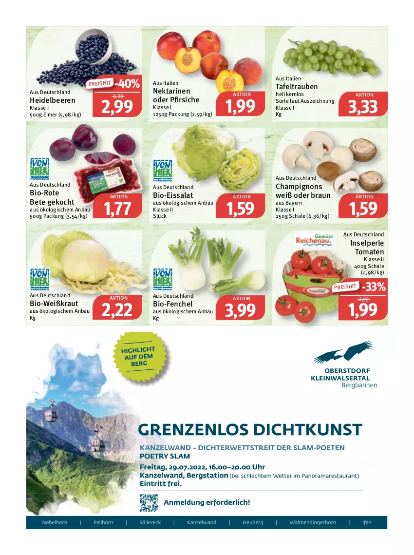 Aktueller Prospekt Feneberg - Prospekte - von 21.07 bis 23.07.2022 - strona 5 - produkty: Bau, beere, beeren, bio, braun, champignon, champignons, eimer, eis, fenchel, heidelbeere, heidelbeeren, Kraut, Nektar, nektarinen, nektarinen oder, oder pfirsiche, pfirsich, pfirsiche, reis, rote bete, salat, Schal, Schale, tafeltrauben, Ti, tomate, tomaten, trauben