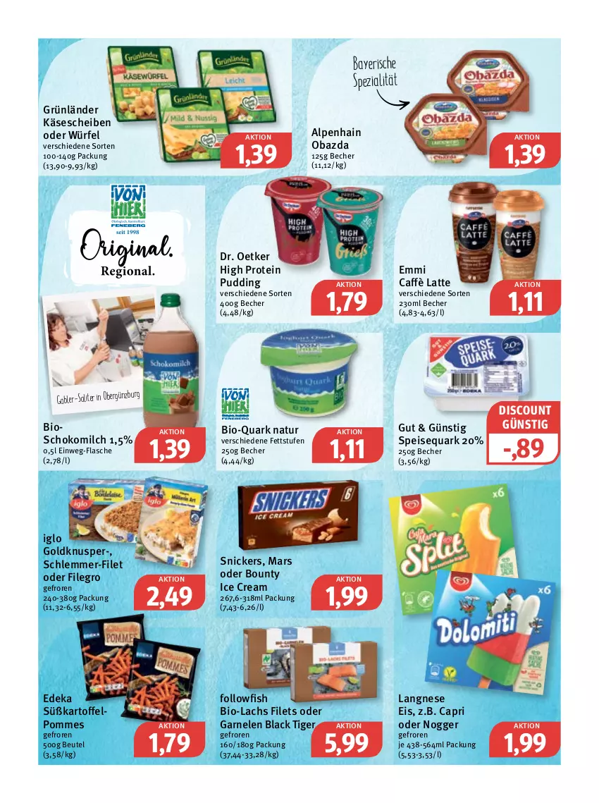 Aktueller Prospekt Feneberg - Prospekte - von 21.07 bis 23.07.2022 - strona 6 - produkty: Alpenhain, Becher, beutel, bio, bounty, caffè latte, Cap, deka, discount, Dr. Oetker, eis, emmi, filegro, filet, filets, flasche, followfish, garnelen, grünländer, iglo, kartoffel, Käse, käsescheiben, lachs, lack, langnese, langnese eis, latte, mars, milch, natur, nogger, obazda, pommes, pudding, quark, saliter, schlemmer-filet, schoko, Schokomilch, snickers, speisequark, Spezi, Ti, würfel