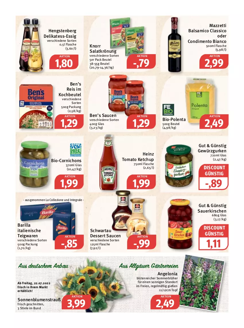 Aktueller Prospekt Feneberg - Prospekte - von 21.07 bis 23.07.2022 - strona 8 - produkty: auer, balsam, balsamico, barilla, Bau, beutel, bio, blume, blumen, Blumenstrauß, Blüte, classico, condimento, Condimento Bianco, delikatess-essig, dessert, discount, eis, essig, flasche, gewürz, Gewürzgurke, gewürzgurken, gurke, gurken, heinz, hengstenberg, ketchup, kirsch, kirsche, kirschen, knorr, kochbeutel, LG, reis, salat, salatkrönung, sauce, saucen, sauerkirschen, schnitten, Schwartau, sonnenblume, sonnenblumen, teigwaren, Ti, tomato ketchup, topf