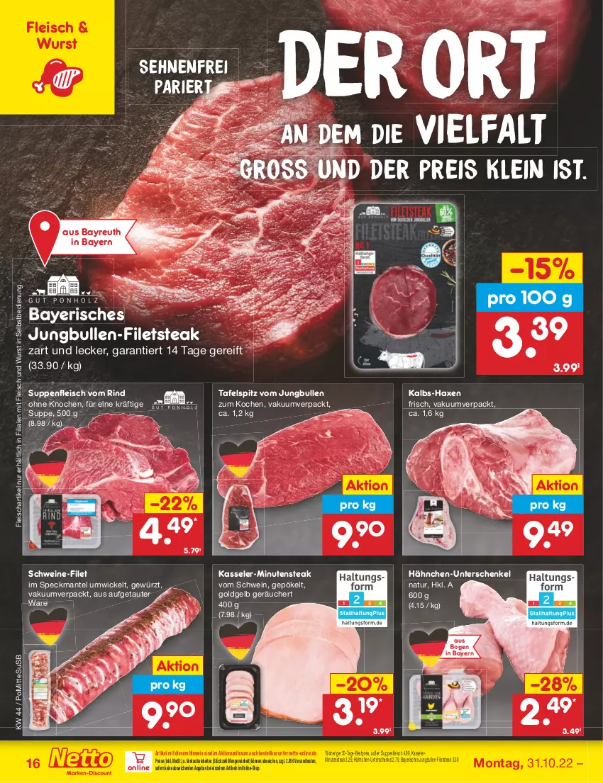 Aktueller Prospekt Netto Marken-Discount - Filial-Angebote - von 31.10 bis 05.11.2022 - strona 16 - produkty: axe, bestpreis, eis, filet, filets, fleisch, gewürz, Haxe, henkel, jungbullen, kasseler, Mantel, natur, ndk, reis, rind, schenkel, schwein, schweine, schweine-filet, Speck, steak, suppe, suppen, suppenfleisch, tafelspitz, Ti, usb, wein, weine, WICK, wurst, wurst in selbstbedienung