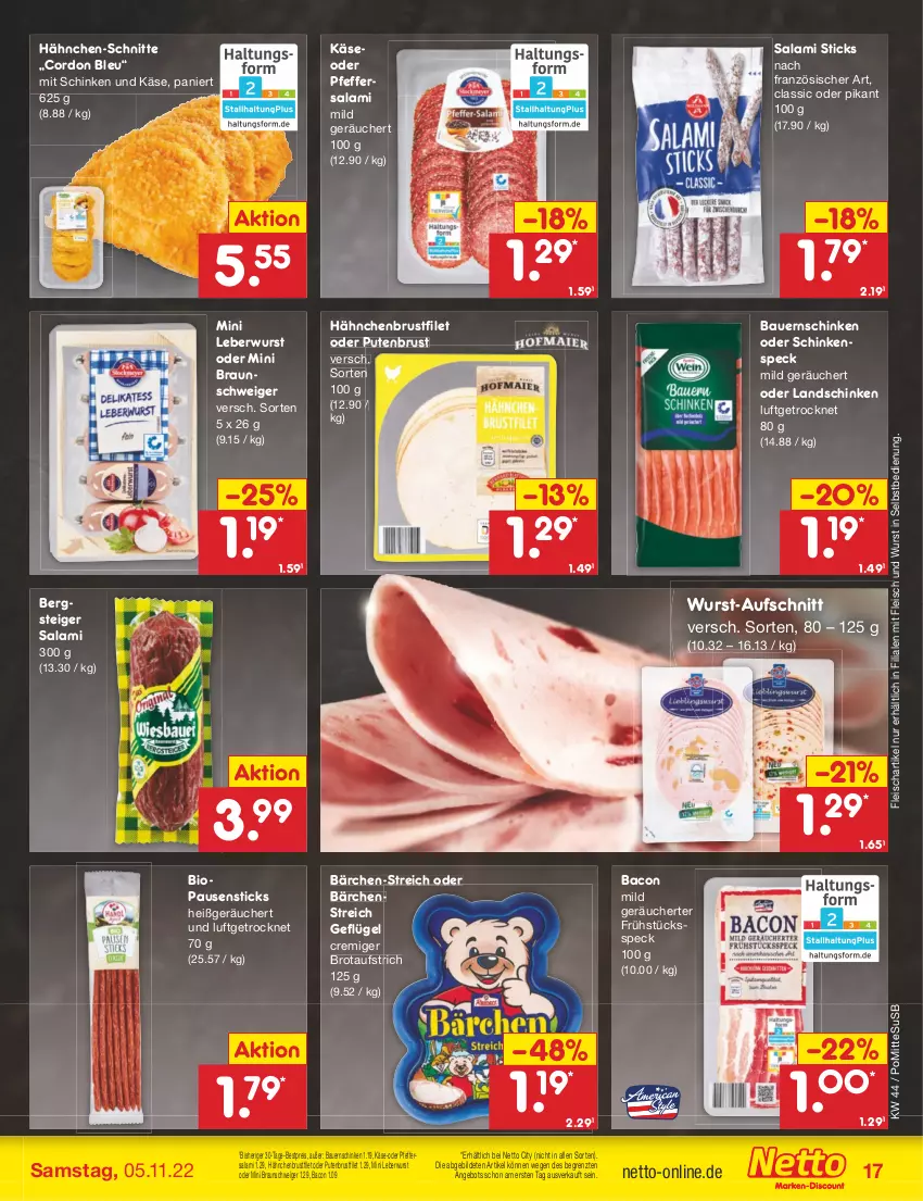 Aktueller Prospekt Netto Marken-Discount - Filial-Angebote - von 31.10 bis 05.11.2022 - strona 17 - produkty: angebot, auer, aufschnitt, aufstrich, bacon, Bau, Bauer, Bauernschinken, bestpreis, bio, braun, brot, brotaufstrich, brustfilet, cordon bleu, eis, filet, fleisch, Frühstücksspeck, Geflügel, hähnchenbrust, hähnchenbrustfilet, Käse, landschinken, leberwurst, pfeffer, pute, putenbrust, putenbrustfilet, reis, salami, schinken, schinkenspeck, Speck, Ti, usb, wurst, wurst in selbstbedienung, ZTE