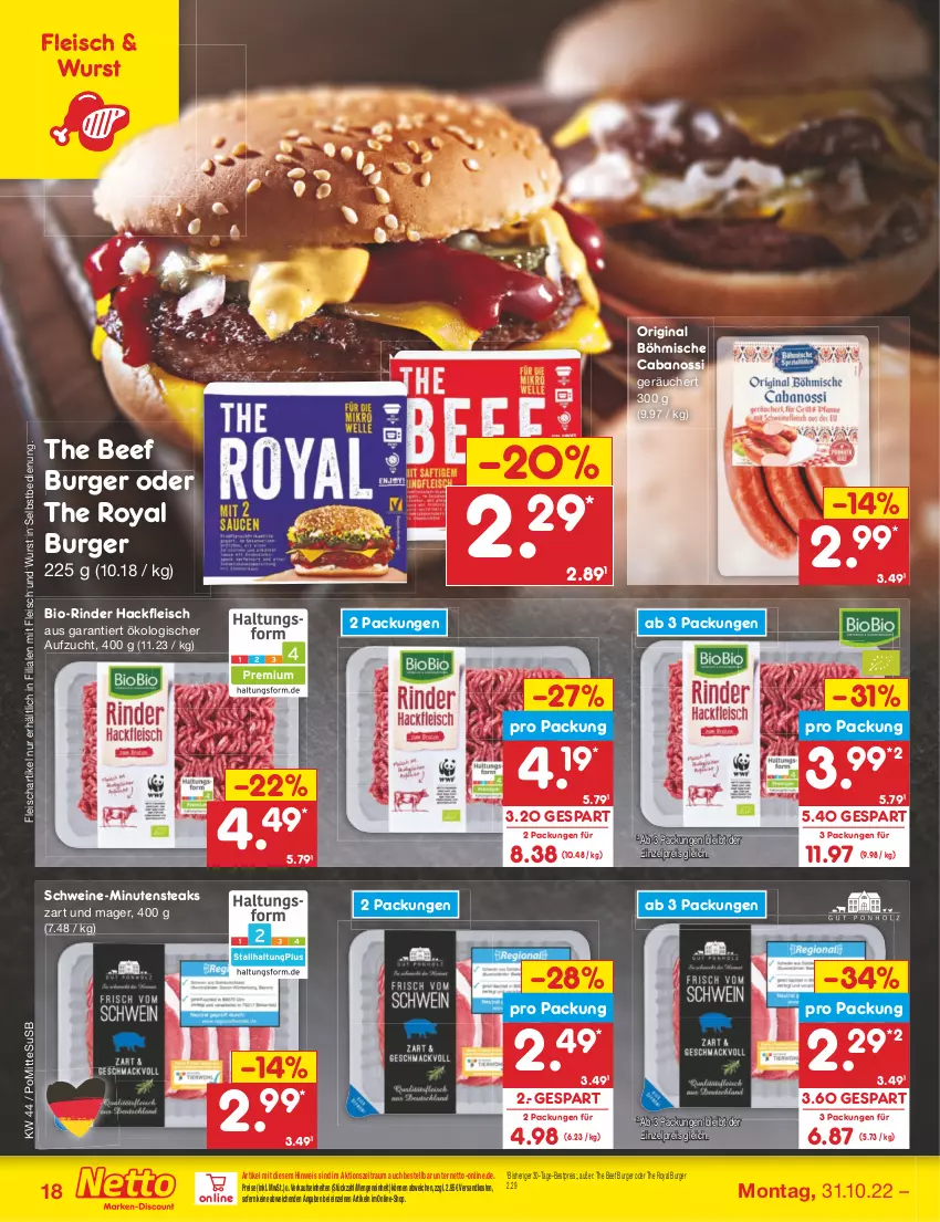 Aktueller Prospekt Netto Marken-Discount - Filial-Angebote - von 31.10 bis 05.11.2022 - strona 18 - produkty: beef, bestpreis, bio, burger, Cabanossi, eis, fleisch, gin, hackfleisch, minutensteaks, ndk, reis, rind, rinder, schwein, schweine, steak, steaks, Ti, usb, wein, weine, wurst, wurst in selbstbedienung