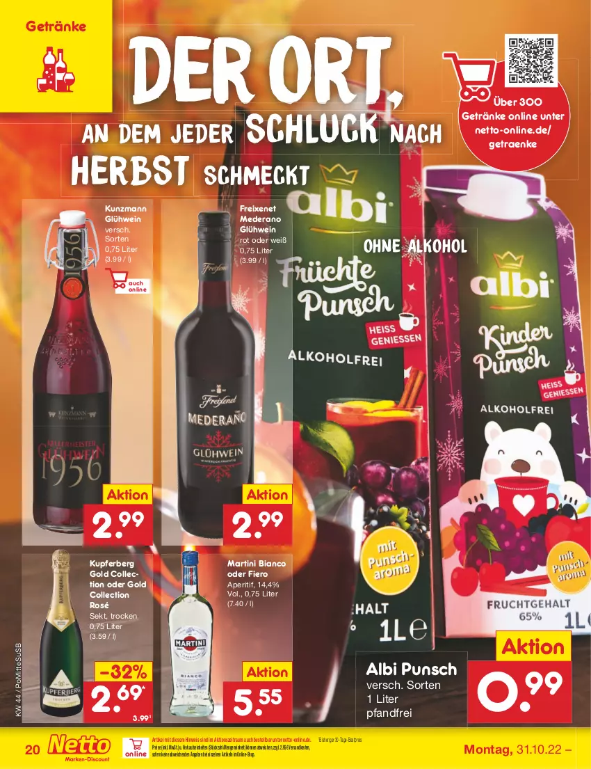 Aktueller Prospekt Netto Marken-Discount - Filial-Angebote - von 31.10 bis 05.11.2022 - strona 20 - produkty: alkohol, aperitif, bestpreis, eis, freixenet, getränk, getränke, Glühwein, martini, ndk, ohne alkohol, reis, sekt, Ti, usb, wein