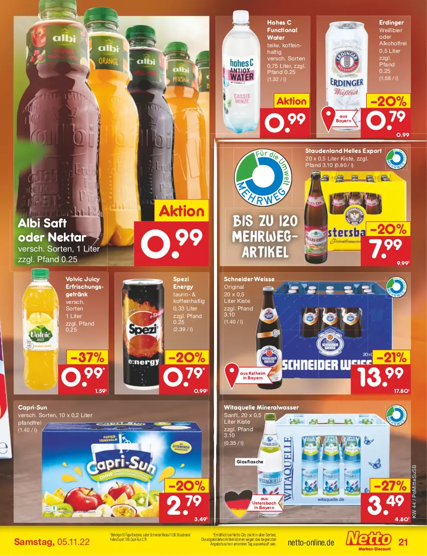 Aktueller Prospekt Netto Marken-Discount - Filial-Angebote - von 31.10 bis 05.11.2022 - strona 21 - produkty: alkohol, Alwa, angebot, bestpreis, bier, Cap, capri-sun, eis, elle, erdinger, erfrischungsgetränk, flasche, getränk, gin, glasflasche, Hohes C, mineralwasser, Nektar, reis, rwe, saft, Spezi, stauden, Ti, usb, volvic, wasser, ZTE