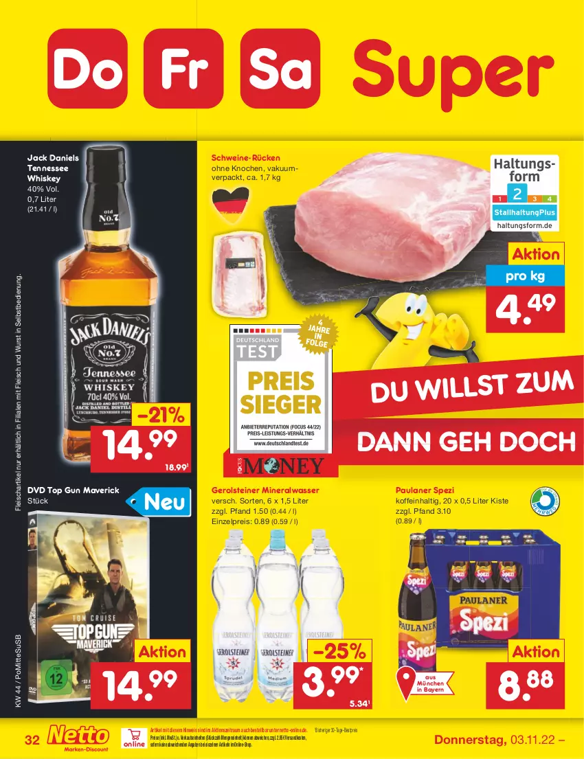 Aktueller Prospekt Netto Marken-Discount - Filial-Angebote - von 31.10 bis 05.11.2022 - strona 32 - produkty: Alwa, bestpreis, dvd, eis, fleisch, gerolsteine, gerolsteiner, jack daniel, jack daniels, mineralwasser, ndk, Paula, paulaner, reis, schwein, schweine, Spezi, steiner, tennessee whiskey, Ti, usb, wasser, wein, weine, whiskey, wurst, wurst in selbstbedienung