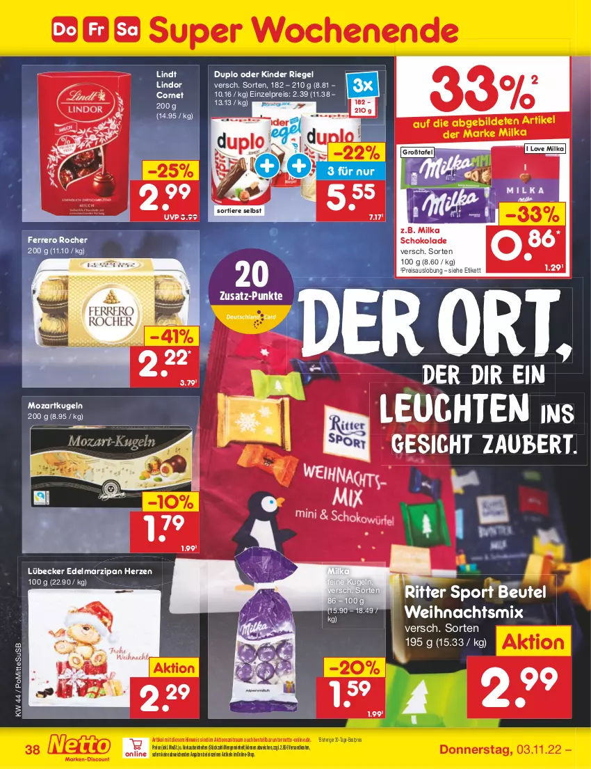 Aktueller Prospekt Netto Marken-Discount - Filial-Angebote - von 31.10 bis 05.11.2022 - strona 38 - produkty: bestpreis, beutel, duplo, Edelmarzipan, eis, ferrero, Ferrero Rocher, Kinder, kinder riegel, Kugel, Leuchte, leuchten, lindor, lindt, Lübecker, marzipan, milka, milka schokolade, ndk, reis, riegel, ritter, ritter sport, schoko, schokolade, Sport, Ti, Tiere, usb