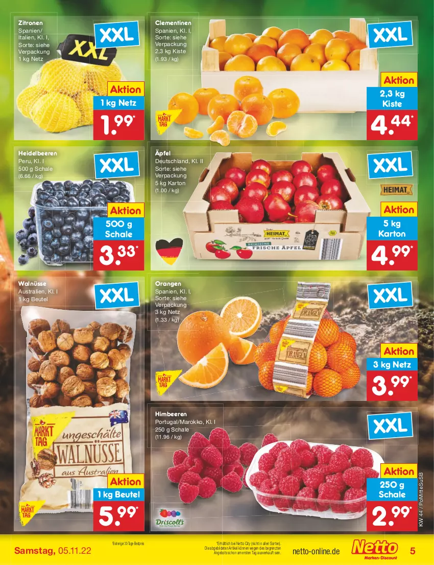 Aktueller Prospekt Netto Marken-Discount - Filial-Angebote - von 31.10 bis 05.11.2022 - strona 5 - produkty: angebot, aust, beere, beeren, bestpreis, beutel, clementinen, eis, heidelbeere, heidelbeeren, himbeer, himbeere, himbeeren, orange, orangen, reis, Schal, Schale, Ti, usb, zitrone, zitronen, ZTE