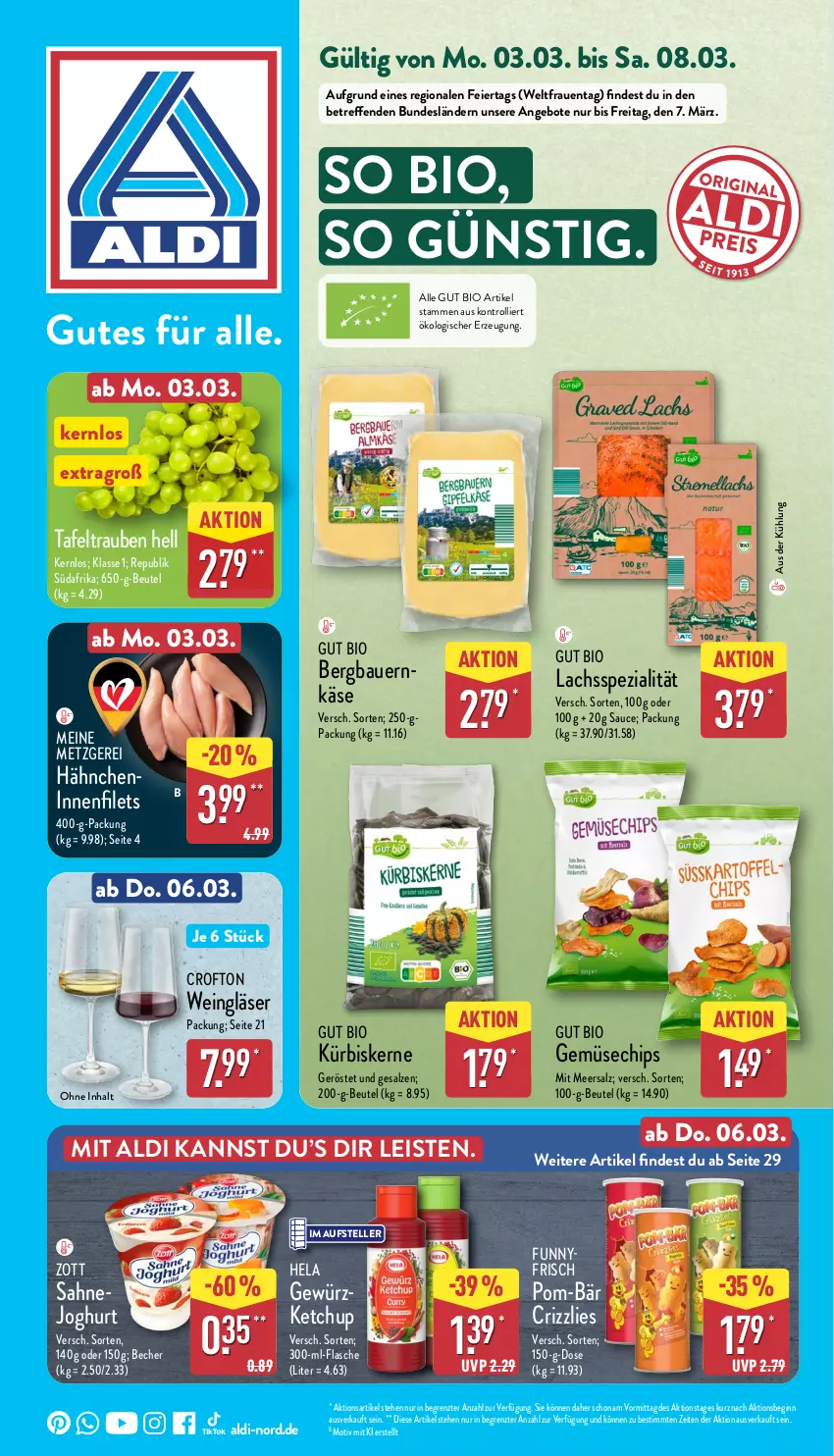 Aktueller Prospekt Aldi Nord - Von Montag - von 03.03 bis 08.03.2025 - strona 1 - produkty: aldi, angebot, angebote, auer, Bau, Bauer, Becher, beutel, bio, bio gemüse, chips, Crofton, eier, eis, elle, filet, filets, flasche, gewürz, gin, Gläser, Hela, joghur, joghurt, Käse, ketchup, Kürbis, kürbiskerne, lachs, meersalz, pom-bär, sahne, Sahnejoghurt, salz, sauce, Spezi, tafeltrauben, teller, Ti, trauben, trolli, wein, Weingläser, zott, ZTE