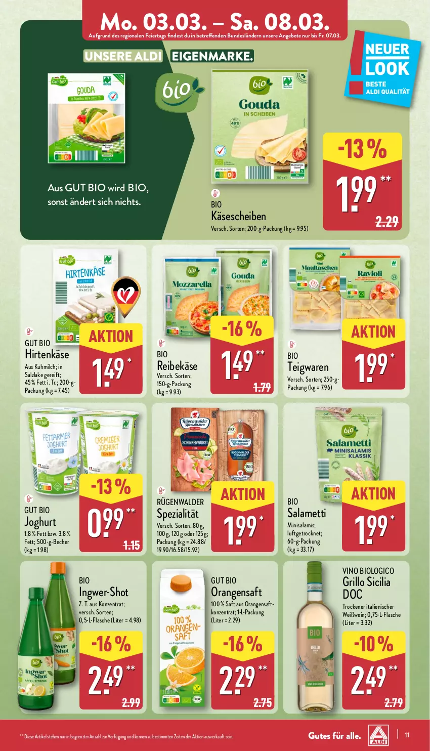 Aktueller Prospekt Aldi Nord - Von Montag - von 03.03 bis 08.03.2025 - strona 11 - produkty: aldi, angebot, angebote, Becher, bio, eier, flasche, grill, grillo, hirtenkäse, ingwer, joghur, joghurt, Käse, käsescheiben, Mett, milch, orange, orangen, orangensaft, Reibekäse, rügenwalder, saft, salami, salz, Spezi, teigwaren, Ti, wein, Weißwein, ZTE