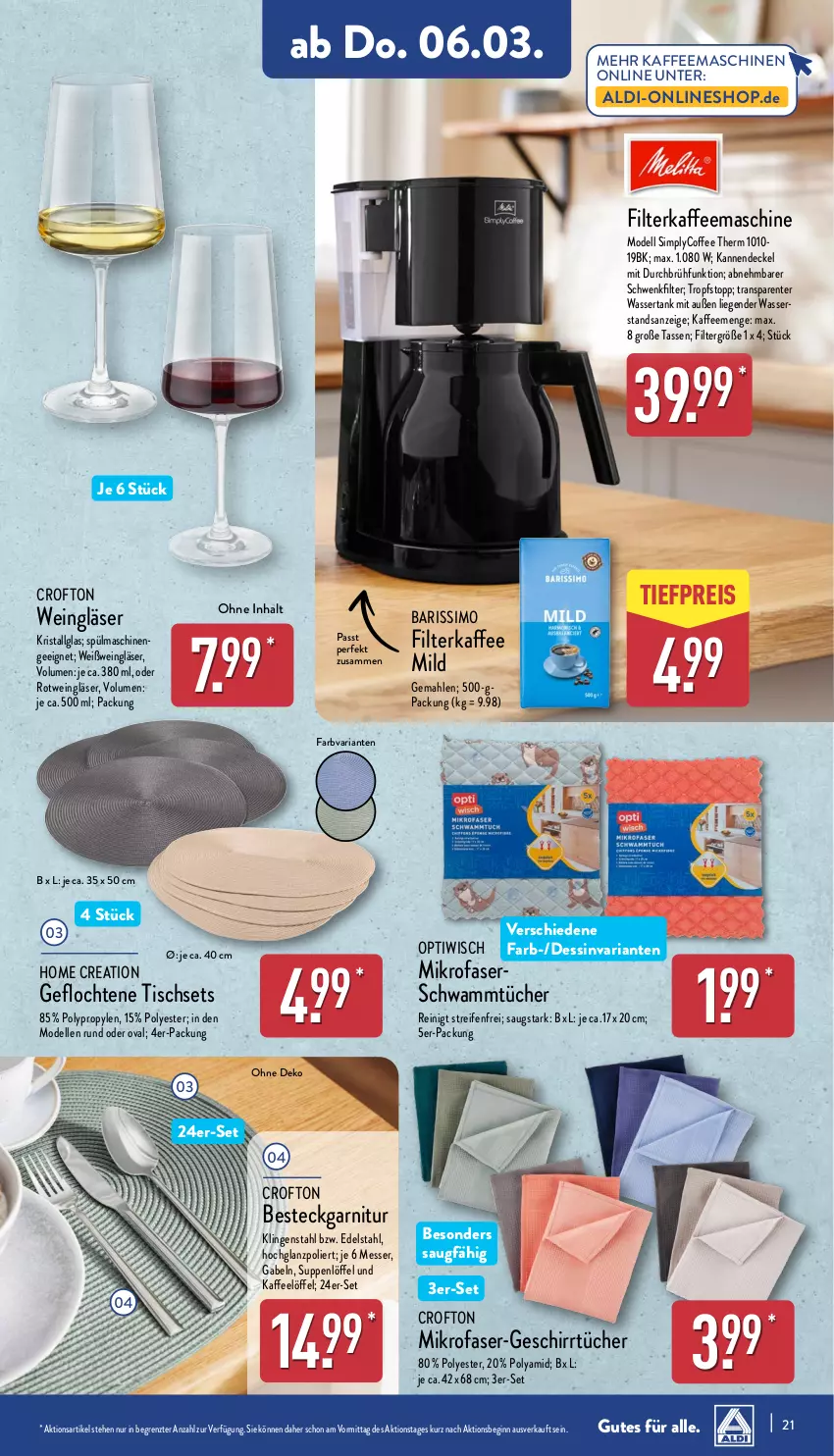 Aktueller Prospekt Aldi Nord - Von Montag - von 03.03 bis 08.03.2025 - strona 21 - produkty: aldi, besteck, Crofton, decke, Deckel, dell, eckgarnitur, edelstahl, eis, elle, ente, filterkaffee, gabel, garnitur, geschirr, geschirrtücher, gin, Gläser, hochglanz, kaffee, kaffeemaschine, LG, Liege, Löffel, messer, mikrofaser, Mode, Optiwisch, reifen, reis, Ria, rotwein, schwamm, sim, spülmaschinen, suppe, suppen, tasse, Ti, tiefpreis, tisch, Tischset, tücher, wasser, wein, Weingläser, Weißwein, ZTE