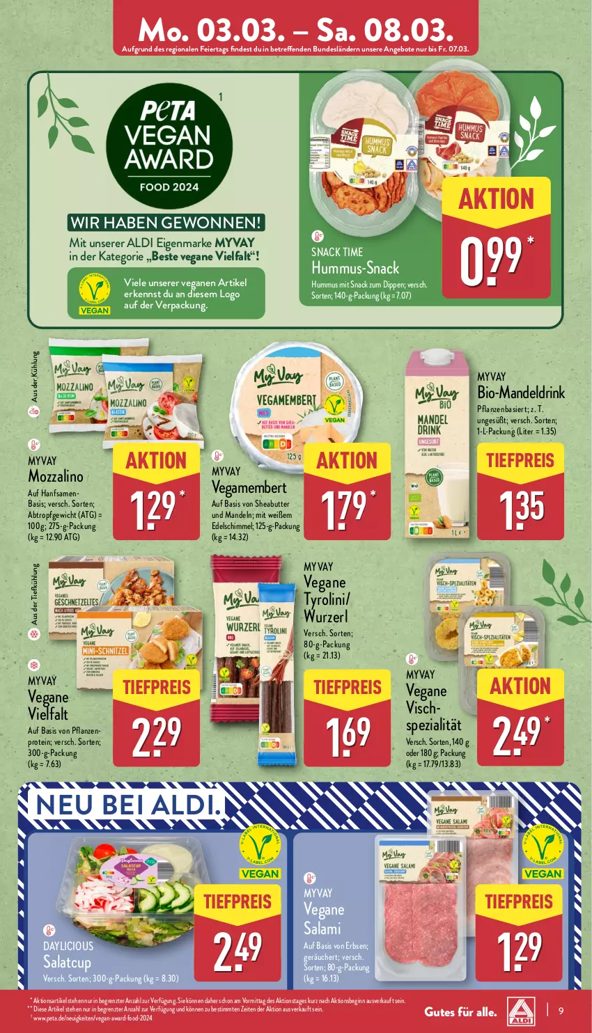 Aktueller Prospekt Aldi Nord - Von Montag - von 03.03 bis 08.03.2025 - strona 9 - produkty: aldi, angebot, angebote, aus der tiefkühlung, bio, butter, dip, drink, eier, eis, erbsen, gin, hummus, mandel, Mandeldrink, mandeln, pflanze, pflanzen, reis, salami, salat, Sheabutter, snack, snack time, Spezi, Ti, tiefpreis, ZTE