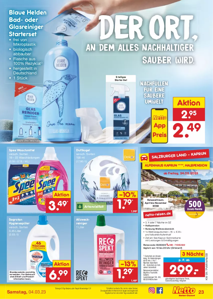 Aktueller Prospekt Netto Marken-Discount - Filial-Angebote - von 27.02 bis 04.03.2023 - strona 23 - produkty: Abba, allzweckreiniger, angebot, asti, Bad, Bau, Berger, bestpreis, bio, biozidprodukte, buch, burger, eis, flasche, Glasreiniger, gutschein, hygienespüler, Kugel, pril, Rauch, reiniger, reis, reiseveranstalter, rwe, sagrotan, salz, spee, Ti, uhr, waschmittel, weck, wellnessbereich, ZTE