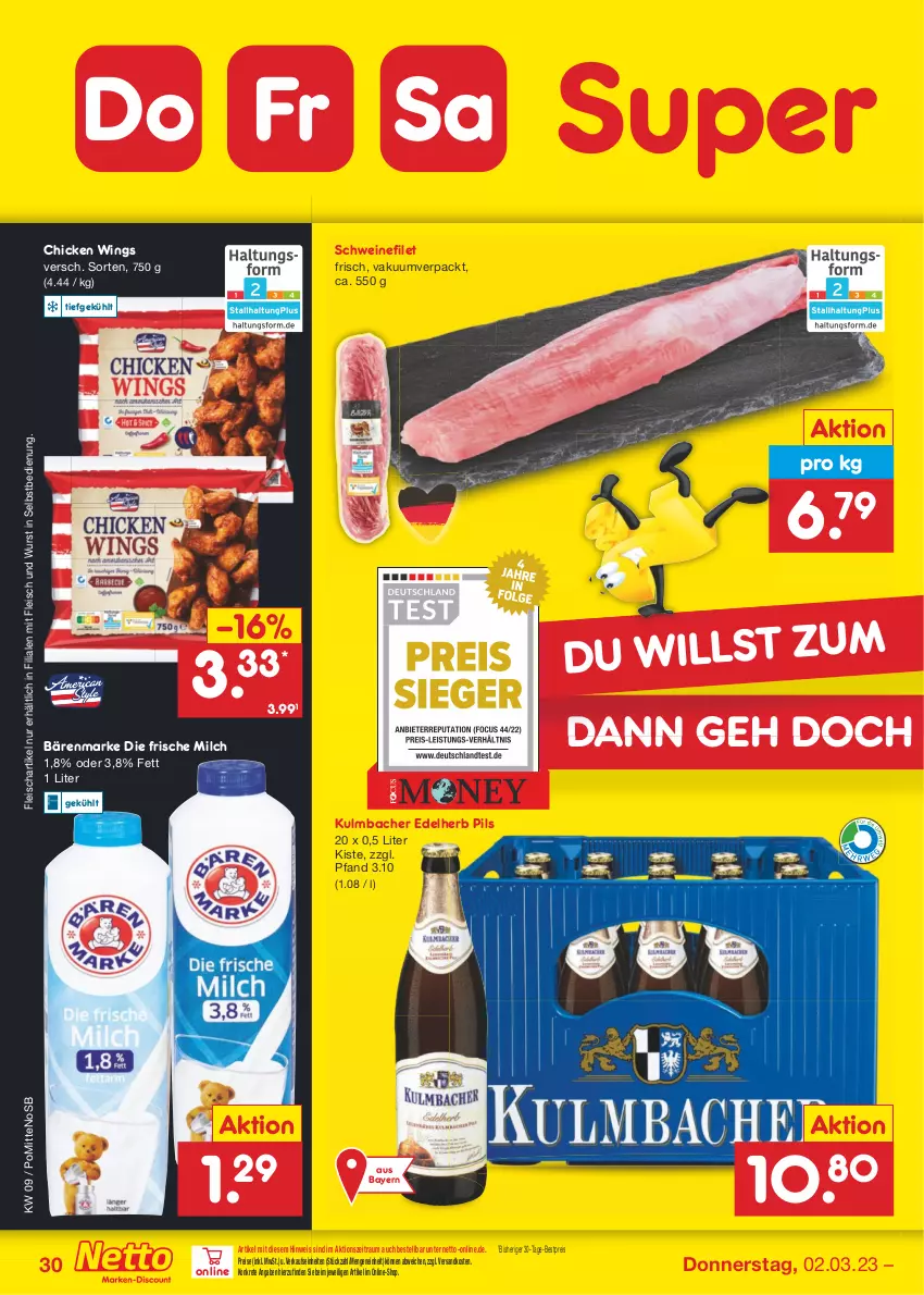 Aktueller Prospekt Netto Marken-Discount - Filial-Angebote - von 27.02 bis 04.03.2023 - strona 30 - produkty: bärenmarke, bestpreis, chicken wings, eis, filet, fleisch, frische milch, milch, ndk, pils, reis, schwein, schweine, schweinefilet, Ti, wein, weine, wurst, wurst in selbstbedienung