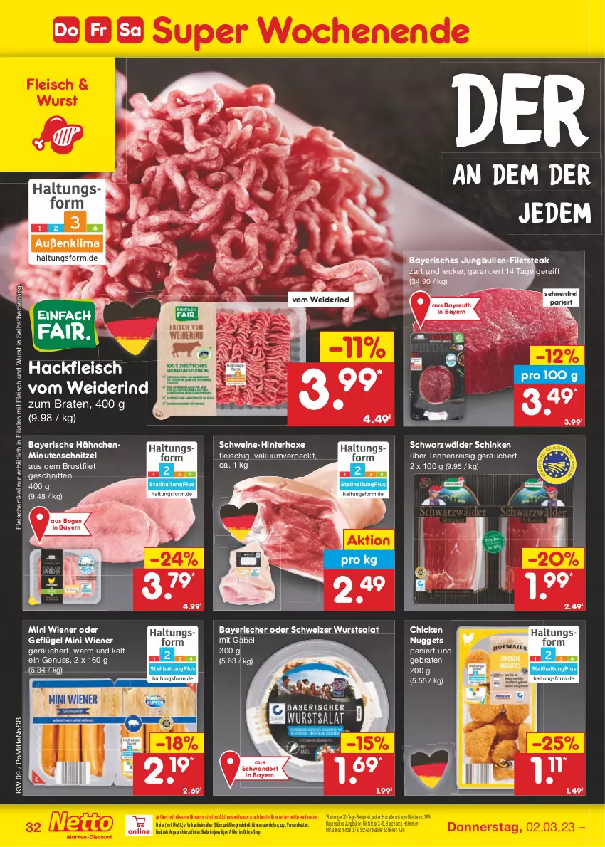 Aktueller Prospekt Netto Marken-Discount - Filial-Angebote - von 27.02 bis 04.03.2023 - strona 32 - produkty: axe, bestpreis, braten, brustfilet, chicken nuggets, eis, filet, filets, fleisch, gabel, Geflügel, hackfleisch, Haxe, jungbullen, minutenschnitzel, ndk, nuggets, nuss, reis, rind, salat, schinken, schnitten, schnitzel, schwarzwälder schinken, schwein, schweine, steak, Ti, wein, weine, wiener, wurst, wurst in selbstbedienung, ZTE