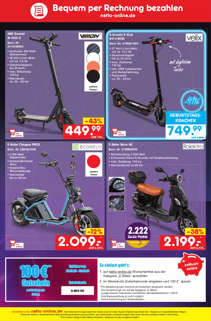 Aktueller Prospekt Netto Marken-Discount - Filial-Angebote - von 27.02 bis 04.03.2023 - strona 49 - produkty: akku, angebot, buch, E-Bike, E-Bikes, E-Roller, eis, Elektro, erde, gutschein, gutscheine, Handy, korb, kracher, kraft, li-ion-akku, ndk, reis, Roller, scooter, telefon, Ti, usb, ZTE