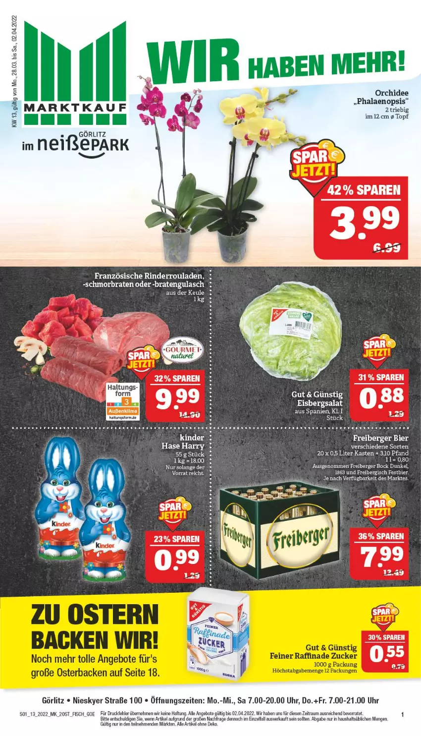 Aktueller Prospekt Marktkauf - Prospekt - von 27.03 bis 02.04.2022 - strona 1 - produkty: angebot, angebote, Berger, bier, eier, eis, eisbergsalat, elle, erde, fisch, Freiberger, orchidee, phalaenopsis, Raffinade Zucker, rel, rind, rinder, Rinderroulade, rinderrouladen, rouladen, salat, tee, Ti, topf, uhr, zucker