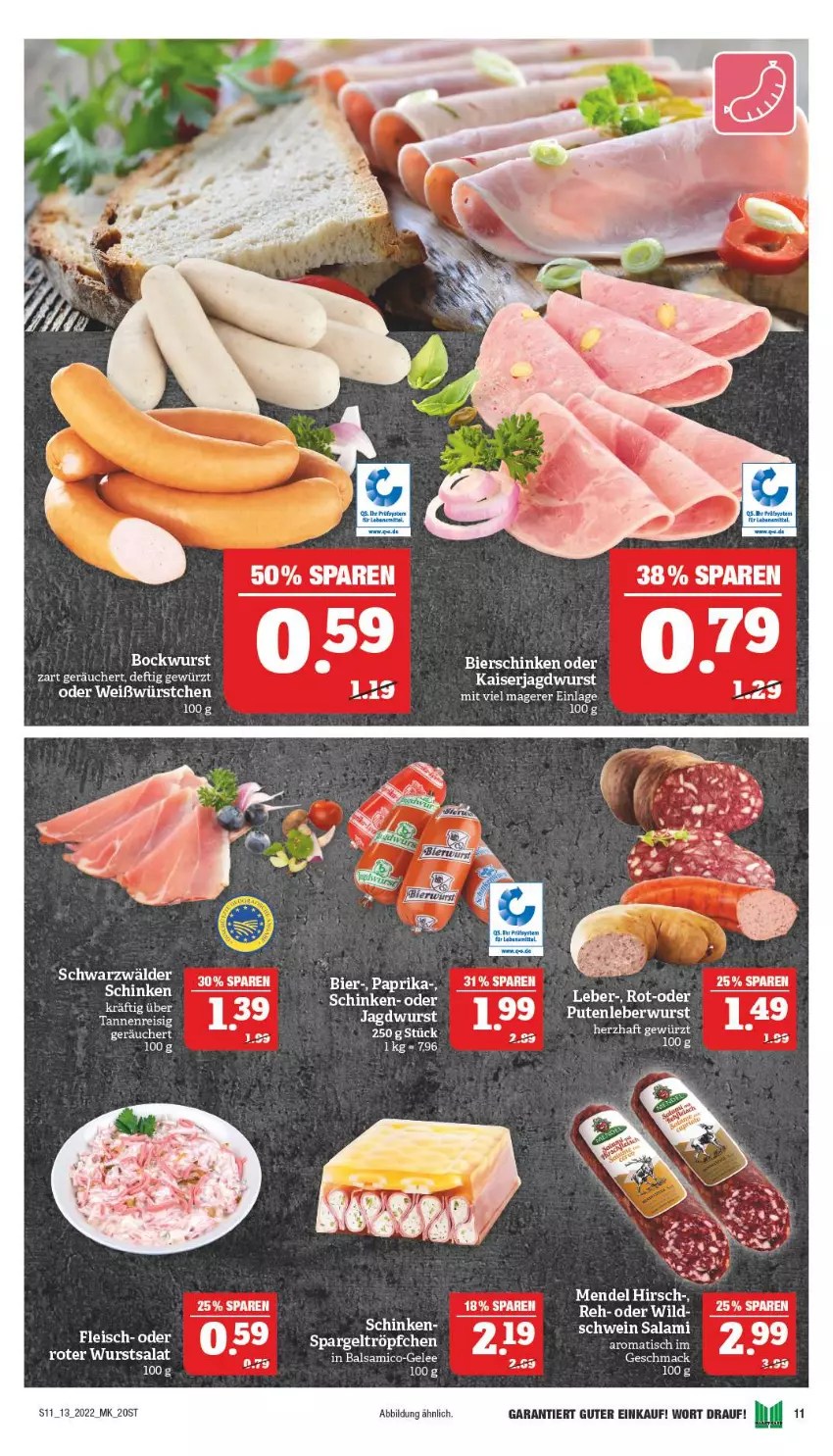 Aktueller Prospekt Marktkauf - Prospekt - von 27.03 bis 02.04.2022 - strona 11 - produkty: balsam, balsamico, bier, bierschinken, bockwurst, eis, fleisch, gelee, gewürz, jagdwurst, Kaiser, mac, reis, salami, salat, schinken, schwarzwälder schinken, schwein, spargel, Ti, tisch, wein, Wild, wurst, würstchen