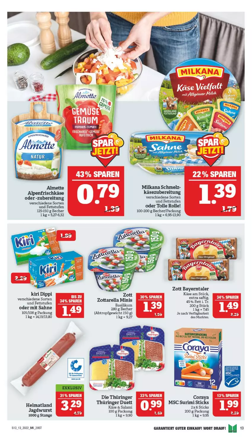 Aktueller Prospekt Marktkauf - Prospekt - von 27.03 bis 02.04.2022 - strona 13 - produkty: almette, alpenfrischkäse, basilikum, Becher, dip, frischkäse, jagdwurst, Käse, kiri, Mett, milka, milkana, rel, Ria, ring, saft, sahne, salami, Ti, wurst, zott, zottarella, zottarella minis