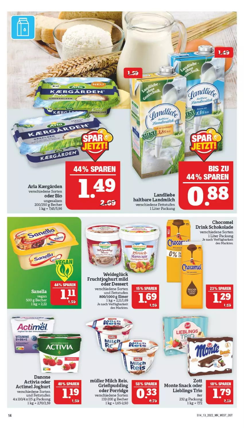 Aktueller Prospekt Marktkauf - Prospekt - von 27.03 bis 02.04.2022 - strona 14 - produkty: actimel, activia, arla, Becher, dessert, drink, eimer, eis, frucht, fruchtjoghurt, Grießpudding, joghur, joghurt, joghurt mild, landmilch, maracuja, milch, monte, pfirsich, porridge, pudding, reis, salz, schoko, schokolade, snack, Ti, vita, Vitamine