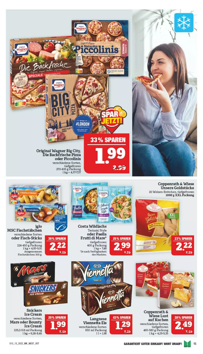 Aktueller Prospekt Marktkauf - Prospekt - von 27.03 bis 02.04.2022 - strona 15 - produkty: bounty, brötchen, coppenrath, eis, fisch, fischstäbchen, gin, Goldstücke, iglo, kuchen, lachs, langnese, mars, oder piccolinis, original wagner, paella, piccolinis, pizza, snickers, Ti, viennetta, wagner, Wild, wildlachs