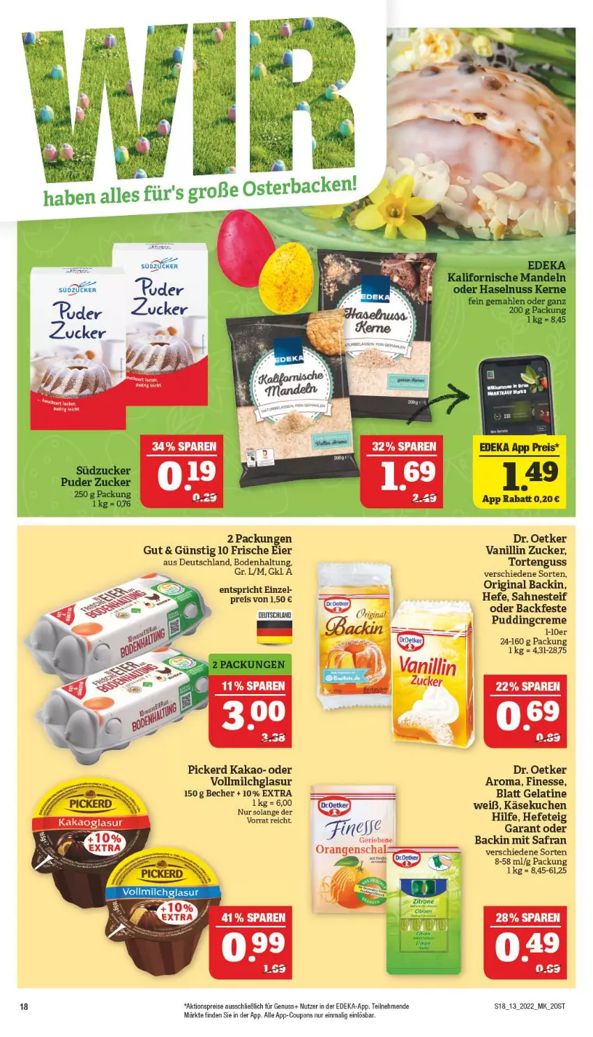 Aktueller Prospekt Marktkauf - Prospekt - von 27.03 bis 02.04.2022 - strona 18 - produkty: aktionspreis, Becher, coupon, coupons, deka, Dr. Oetker, eier, eis, finesse, gelatine, gin, haselnuss, Hefe, kakao, Käse, käsekuchen, kuchen, mandel, mandeln, milch, nuss, reis, Safran, sahne, sahnesteif, Ti, torte, tortenguss, vollmilch, zitrone, zucker