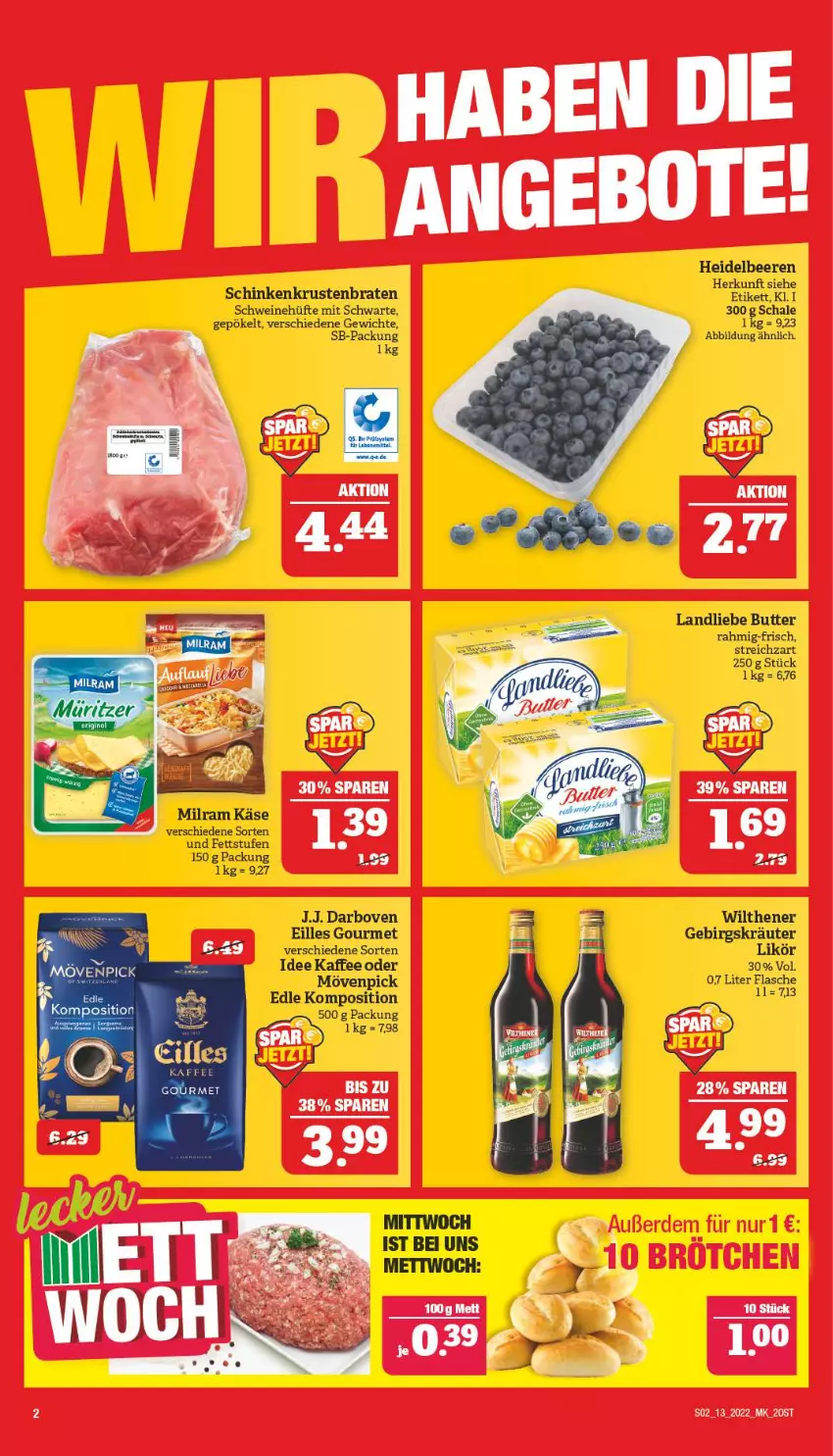 Aktueller Prospekt Marktkauf - Prospekt - von 27.03 bis 02.04.2022 - strona 2 - produkty: angebot, angebote, beere, beeren, braten, butter, darbo, darboven, eilles gourmet, flasche, heidelbeere, heidelbeeren, kaffee, Käse, kräuter, krustenbraten, landliebe, likör, Mett, milram, mövenpick, Schal, Schale, schinken, schwein, schweine, Streichzart, Ti, wein, weine, wilthener