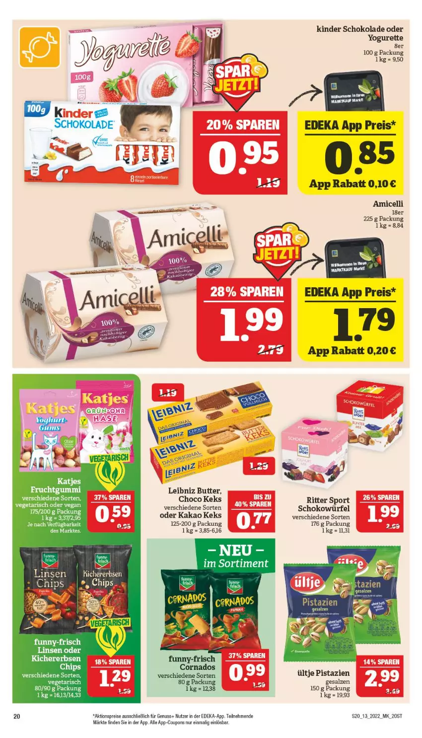 Aktueller Prospekt Marktkauf - Prospekt - von 27.03 bis 02.04.2022 - strona 20 - produkty: aktionspreis, amicelli, auto, butter, chips, coupon, coupons, deka, eis, erbsen, kakao, keks, kichererbsen, Kinder, kinder schokolade, leibniz, linsen, nuss, oder yogurette, pistazien, reis, ritter, ritter sport, salz, schoko, schokolade, schokowürfel, Sport, Ti, ültje, würfel, Yo, yogurette