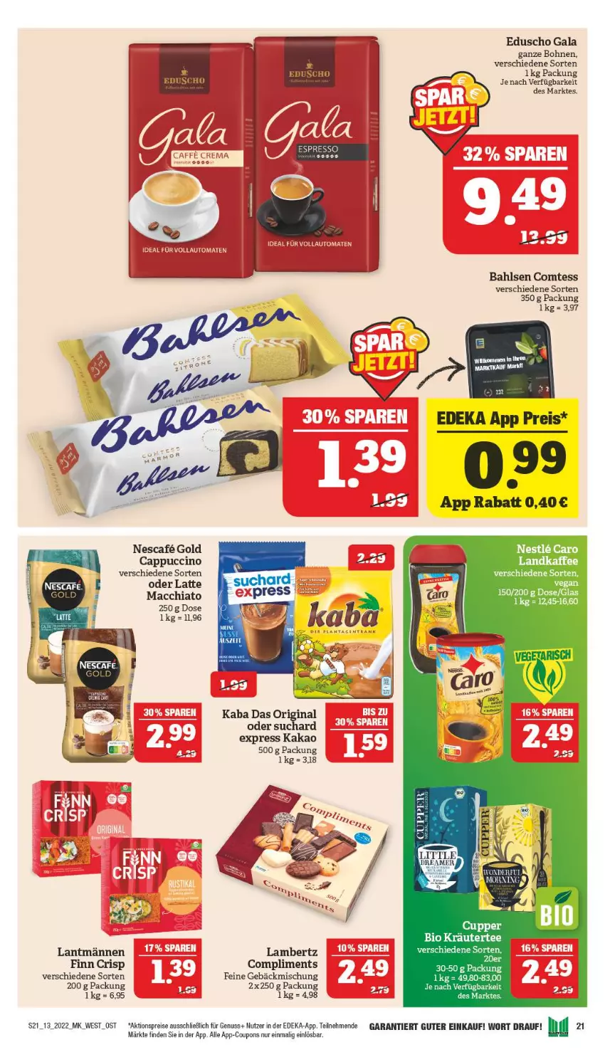 Aktueller Prospekt Marktkauf - Prospekt - von 27.03 bis 02.04.2022 - strona 21 - produkty: aktionspreis, Amber, bahlsen, bio, bohne, bohnen, Cap, cappuccino, cin, comtess, coupon, coupons, deka, eduscho, eis, elle, Feine Gebäckmischung, gebäckmischung, gin, kaffee, kakao, kräuter, lambertz, latte, ndk, nuss, reis, tee, Ti