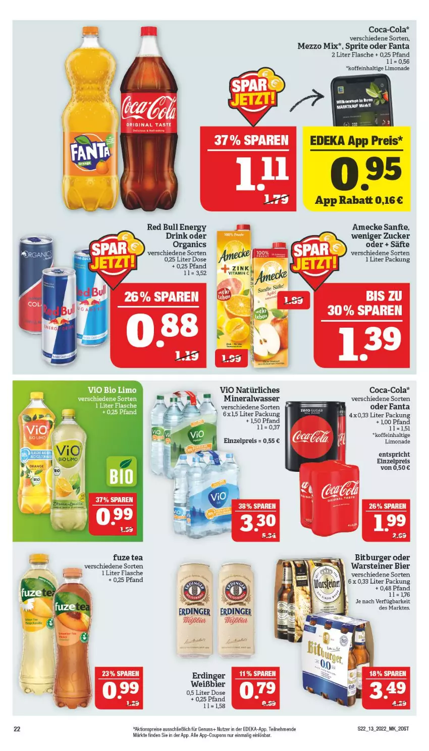 Aktueller Prospekt Marktkauf - Prospekt - von 27.03 bis 02.04.2022 - strona 22 - produkty: aktionspreis, Alwa, amecke, bier, bio, bio limo, bitburger, burger, coca-cola, cola, coupon, coupons, deka, drink, eis, erdinger, fanta, flasche, fuzetea, limo, limonade, Mezzo Mix, mineralwasser, nuss, red bull, reis, säfte, sprite, steiner, Ti, vio bio limo, vita, Vitamin C, warsteiner, wasser, zucker