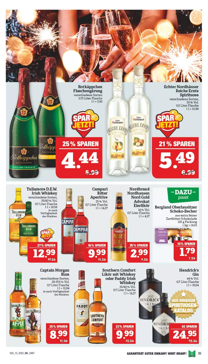 Aktueller Prospekt Marktkauf - Prospekt - von 27.03 bis 02.04.2022 - strona 25 - produkty: Becher, campari, Cap, captain morgan, eier, eierlikör, flasche, gin, irish whiskey, likör, nordbrand, rotkäppchen, rum, schoko, schokolade, Southern Comfort, Ti, tullamore, whiskey