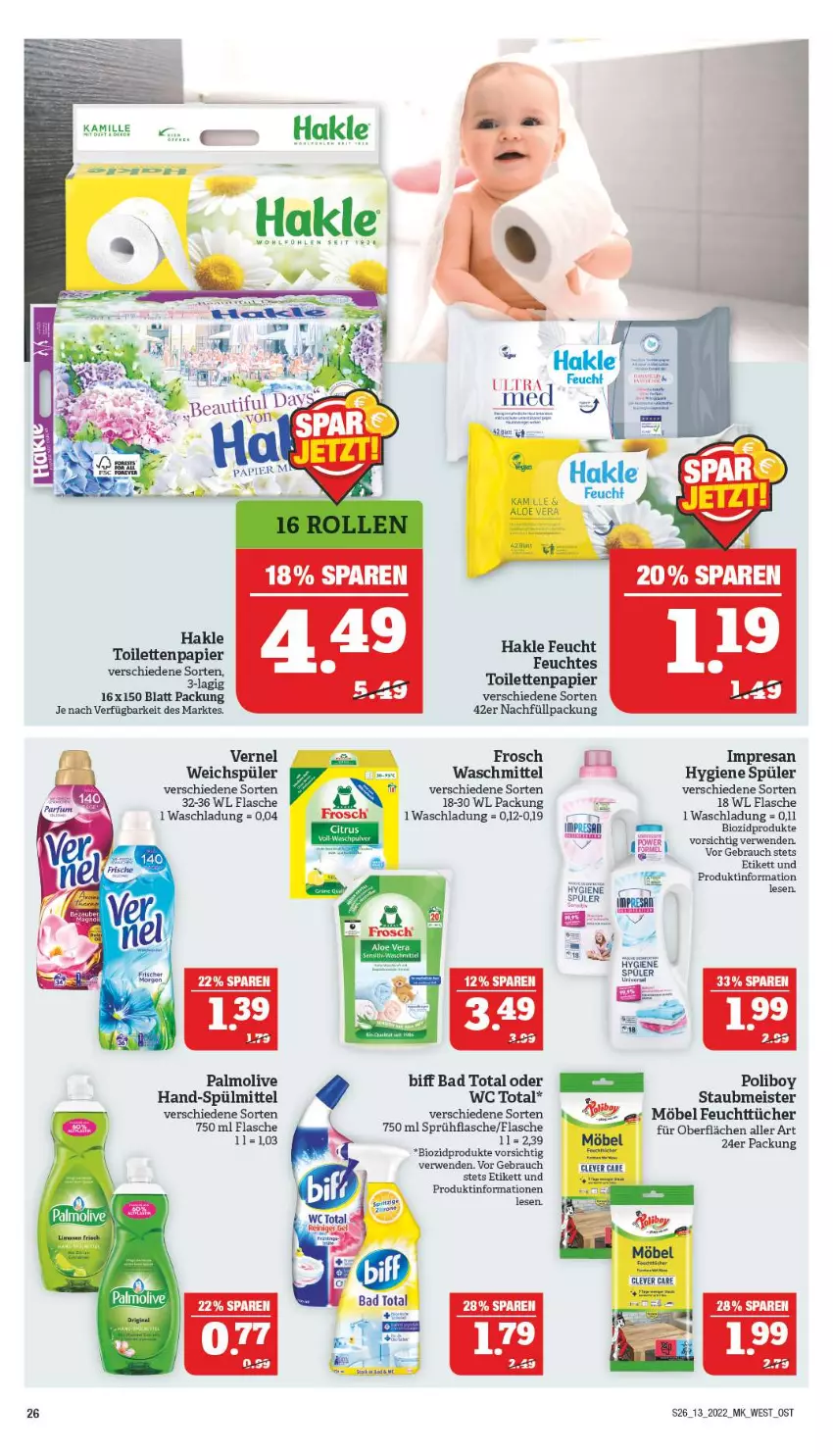 Aktueller Prospekt Marktkauf - Prospekt - von 27.03 bis 02.04.2022 - strona 26 - produkty: Bad, biff, bio, biozidprodukte, eis, feuchttücher, flasche, Frosch, hakle, hakle toilettenpapier, Meister, möbel, olive, palmolive, papier, Rauch, resa, rwe, sprühflasche, spülmittel, Ti, toilettenpapier, tücher, vernel, waschmittel, wc total, weichspüler