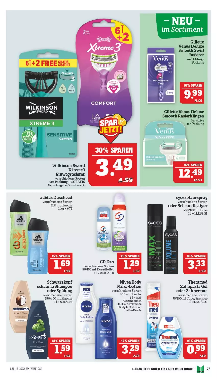 Aktueller Prospekt Marktkauf - Prospekt - von 27.03 bis 02.04.2022 - strona 27 - produkty: Adidas, Bad, body, body lotion, body milk, creme, deo, duschbad, einwegrasierer, flasche, gillette, gillette venus, gin, haarspray, Lotion, nivea, oder schaumfestiger, pasta, Q10, rasierer, Rasierklinge, rasierklingen, Roller, schauma, schauma shampoo, schaumfestiger, schwarzkop, schwarzkopf, shampoo, shampoo oder spülung, Sport, spülung, swirl, syoss, theramed, Ti, venus, wilkinson, Yo, zahncreme, zahnpasta