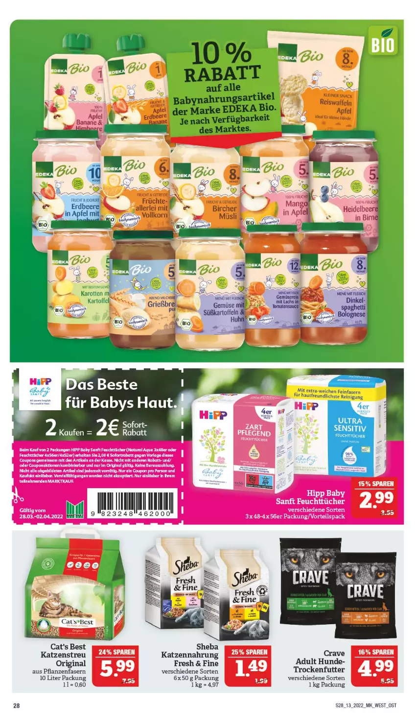 Aktueller Prospekt Marktkauf - Prospekt - von 27.03 bis 02.04.2022 - strona 28 - produkty: apfel, aqua, Babynahrung, beere, coupon, coupons, deka, erdbeere, feuchttücher, gin, hipp, karotten, katzennahrung, Katzenstreu, natur, natura, pflanze, pflanzen, Reinigung, sheba, sofortrabatt, Ti, trockenfutter, tücher