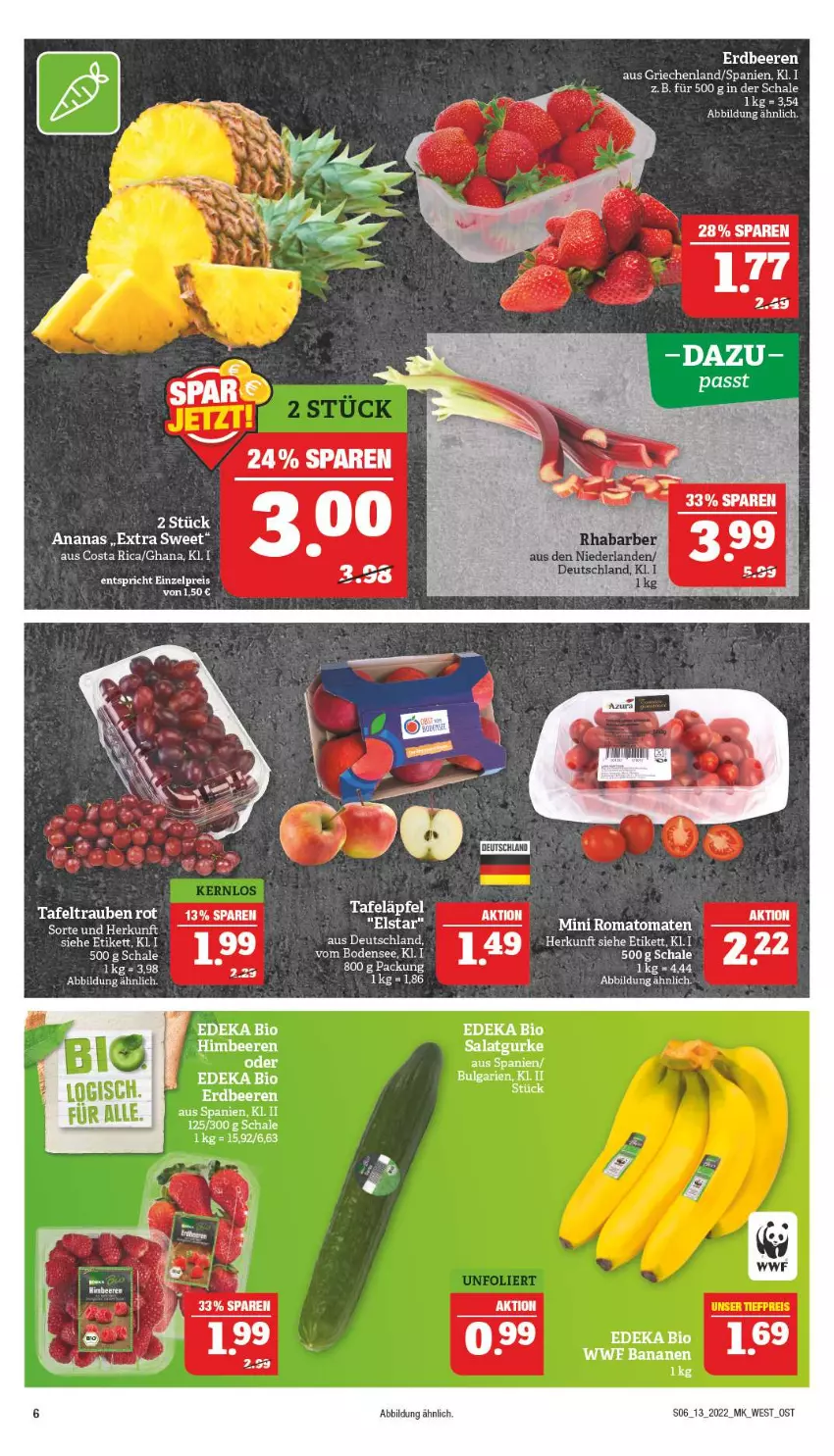 Aktueller Prospekt Marktkauf - Prospekt - von 27.03 bis 02.04.2022 - strona 6 - produkty: ananas, banane, bananen, beere, beeren, bio, deka, edeka bio, eis, erdbeere, erdbeeren, gurke, himbeer, himbeere, himbeeren, reis, rhabarber, Romatomaten, salat, Salatgurke, Schal, Schale, tafeläpfel, tafeltrauben, tomate, tomaten, trauben