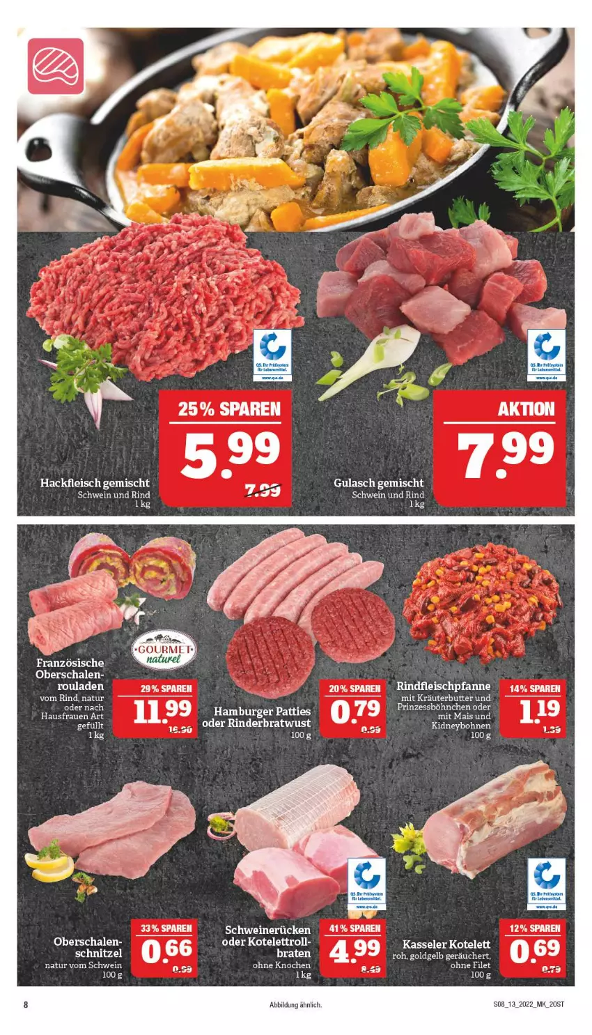 Aktueller Prospekt Marktkauf - Prospekt - von 27.03 bis 02.04.2022 - strona 8 - produkty: burger, butter, eis, fleisch, gulasch, hackfleisch, hackfleisch gemischt, hamburger, HP, kasseler, kotelett, kräuter, kräuterbutter, mais, natur, pfanne, rel, rind, rinder, rindfleisch, rouladen, Schal, Schale, schnitzel, schwein, schwein und rind, schweine, schweinerücken, wein, weine