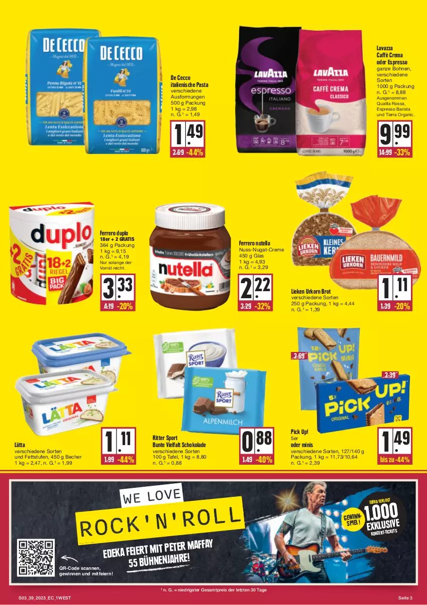 Aktueller Prospekt E Center - Angebote der Woche - von 25.09 bis 30.09.2023 - strona 3 - produkty: Becher, bohne, bohnen, brot, caffè crema, creme, De Cecco, deka, duplo, ecco, eier, eis, espresso, ferrero, gewinnspiel, italienische pasta, korn, lätta, lavazza, lieken, nuss, nuss-nugat-creme, nutella, oder espresso, pasta, Pick Up!, reis, ritter, ritter sport, schoko, schokolade, Sport, Ti, urkorn, ZTE