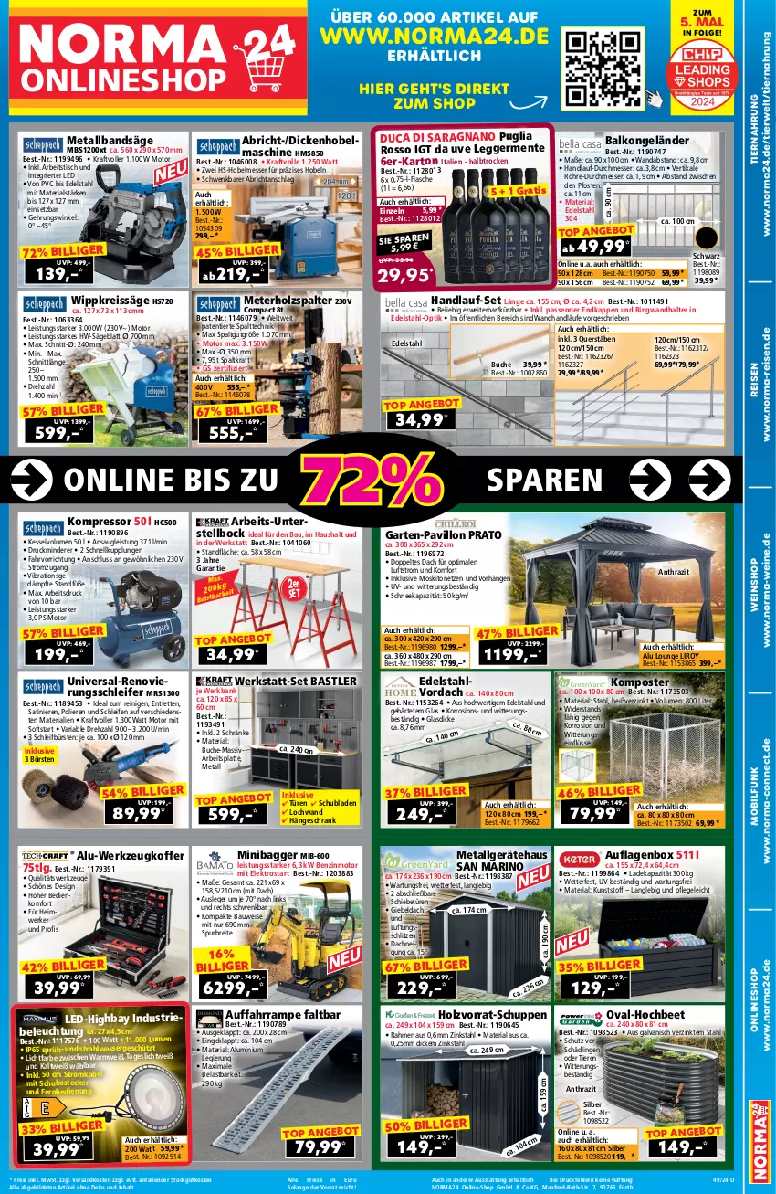 Aktueller Prospekt Norma - Norma - von 22.11 bis 08.12.2024 - strona 1 - produkty: angebot, arbeitsplatte, auflagenbox, Bank, Bau, beleuchtung, Brei, buch, bürste, bürsten, deka, edelstahl, Egger, eis, Elektro, ente, fernbedienung, flasche, Garten, Germ, gsw, hängeschrank, Holz, Holzspalter, koffer, Komposter, kompressor, kraft, latte, LG, messer, moskitonetz, ndk, pavillon, reis, reiss, Ria, ring, rwe, säge, Schrank, schubladen, Ti, Tiere, tiernahrung, tisch, wasser, wein, weine, weinshop, werkzeug, werkzeuge