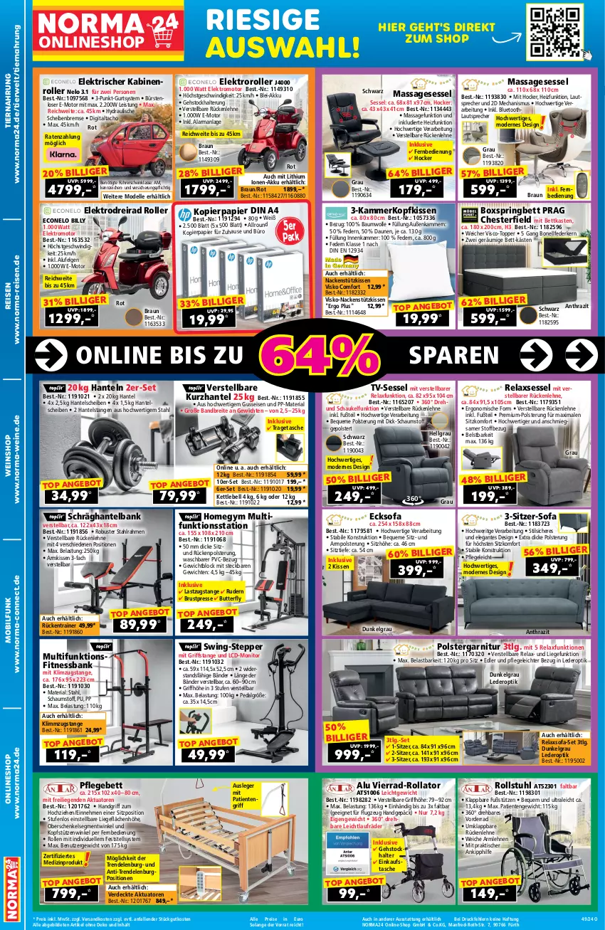 Aktueller Prospekt Norma - Norma - von 22.11 bis 08.12.2024 - strona 2 - produkty: akku, angebot, armlehnen, Bank, Bau, baumwolle, bett, bettkasten, boxspringbett, braun, Brei, bürste, bürsten, butter, dell, din a4, Dreirad, Einkaufstasche, eis, Elektro, Elektroroller, elle, ente, erde, federkern, felgen, fernbedienung, garnitur, gefu, Hanteln, henkel, hocker, kissen, kopfkissen, kopfstütze, kopierpapier, laufräder, lautsprecher, LG, Liege, medizinprodukt, Mode, monitor, nackenstützkissen, ndk, papier, reis, rel, relaxsessel, Ria, ring, Roller, rückenlehne, rwe, Schaukel, schenkel, sessel, Sitzhöhe, Sofa, stuhl, Tasche, Ti, tiernahrung, tisch, topper, tragetasche, wein, weine, weinshop, wolle