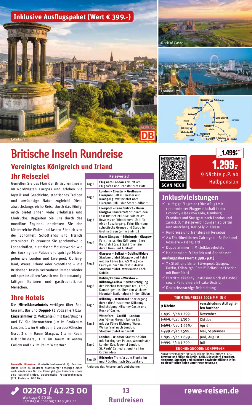 Aktueller Prospekt Rewe Reisen - Reiseprospekt - von 30.01 bis 27.02.2026 - strona 13 - produkty: arlo, Bad, buch, decke, deutschsprachige reiseleitung, dusche, eis, Elektro, elle, inklusivleistungen, Kilkenny, Meister, Metro, natur, Nordsee, pool, pril, rama, reis, reiseverlauf, rel, rwe, schott, Ti, tisch, uhr, usb, Weste, WICK