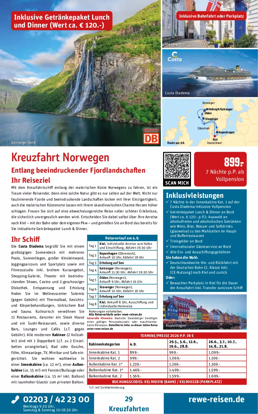 Aktueller Prospekt Rewe Reisen - Reiseprospekt - von 30.01 bis 27.02.2026 - strona 29 - produkty: alkohol, angebot, auer, Bad, balkonkabine, bett, Betten, bier, Brei, buch, diadem, drink, drinks, dusche, eis, elle, ente, erde, fenster, getränk, getränke, gin, Glastür, inklusivleistungen, kreuzfahrten, Liege, Mode, natur, Persona, pool, reis, reiseverlauf, rel, rwe, sonnenliege, Sport, steak, Sushi, Thea, Ti, uhr, wasser, wein