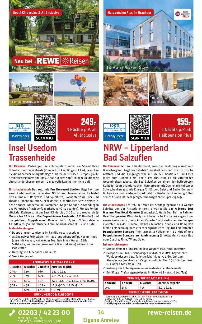 Aktueller Prospekt Rewe Reisen - Reiseprospekt - von 30.01 bis 27.02.2026 - strona 34 - produkty: angebot, angebote, auer, auto, axe, Bad, Bademantel, bier, bierspezialitäten, buch, burger, drink, drinks, dusche, eis, elle, ente, Gesundheit, getränk, getränke, gin, inklusivleistungen, innenpool, kakao, Kinder, küche, kuchen, kühlschrank, kurtaxe, leine, LG, mac, Mantel, Mett, perla, pool, reis, Ria, ring, rum, säfte, salz, Schmetterling, Schrank, Spezi, Sprudel, tee, teller, Thea, Ti, uhr, wasser, wein, Weste