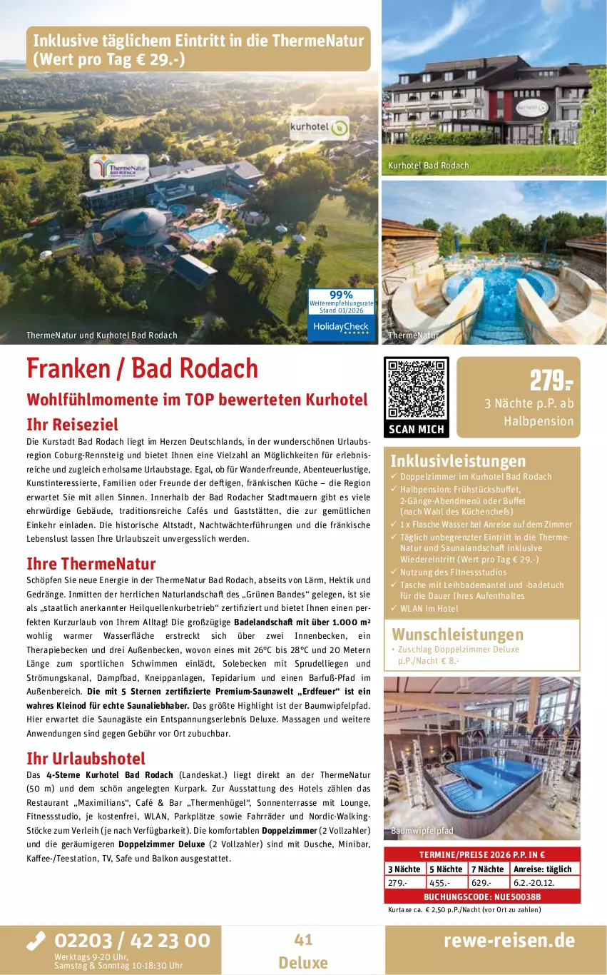 Aktueller Prospekt Rewe Reisen - Reiseprospekt - von 30.01 bis 27.02.2026 - strona 41 - produkty: auer, axe, Bad, Bademantel, badetuch, badetuch für, Bau, buch, dell, dusche, eis, Elan, elle, ente, erde, flasche, inklusivleistungen, kaffee, kneipp, küche, Küchen, kurtaxe, Liege, Lusti, Mantel, natur, naturland, reis, Sport, Sprudel, Tasche, tee, Ti, tuc, uhr, wasser, ZTE
