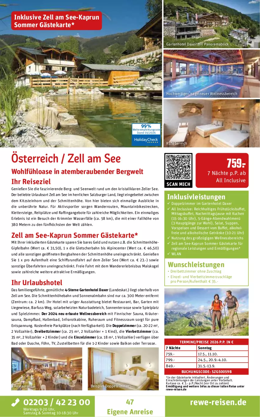 Aktueller Prospekt Rewe Reisen - Reiseprospekt - von 30.01 bis 27.02.2026 - strona 47 - produkty: alkohol, alkoholische getränke, angebot, angebote, axe, Bad, Bau, bett, Betten, buch, burger, dessert, dusche, eis, elle, ente, Garten, getränk, getränke, inklusivleistungen, Kinder, kräuter, kuchen, kurtaxe, Liege, mab, mais, Mountainbike, natur, rama, reis, rum, salat, salz, Sport, suppe, suppen, Ti, uhr, usb, vorspeise, wasser, wellnessbereich, ZTE