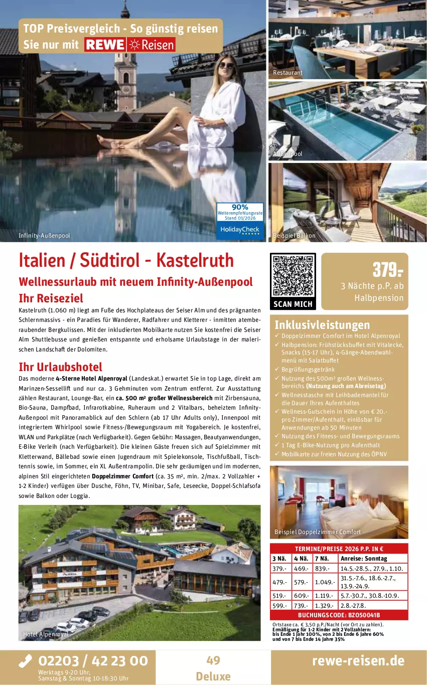 Aktueller Prospekt Rewe Reisen - Reiseprospekt - von 30.01 bis 27.02.2026 - strona 49 - produkty: auer, axe, Bad, Bademantel, ball, bio, Brei, buch, dusche, E-Bike, eis, Fußball, getränk, gutschein, HP, inklusivleistungen, innenpool, Kinder, leine, mab, Mantel, Mode, pool, rama, reis, rum, salat, schlafsofa, sessel, snack, snacks, Sofa, Spiele, Tasche, Ti, tisch, Trampolin, uhr, vita, wellnessbereich, Whirlpool, Yo, ZTE