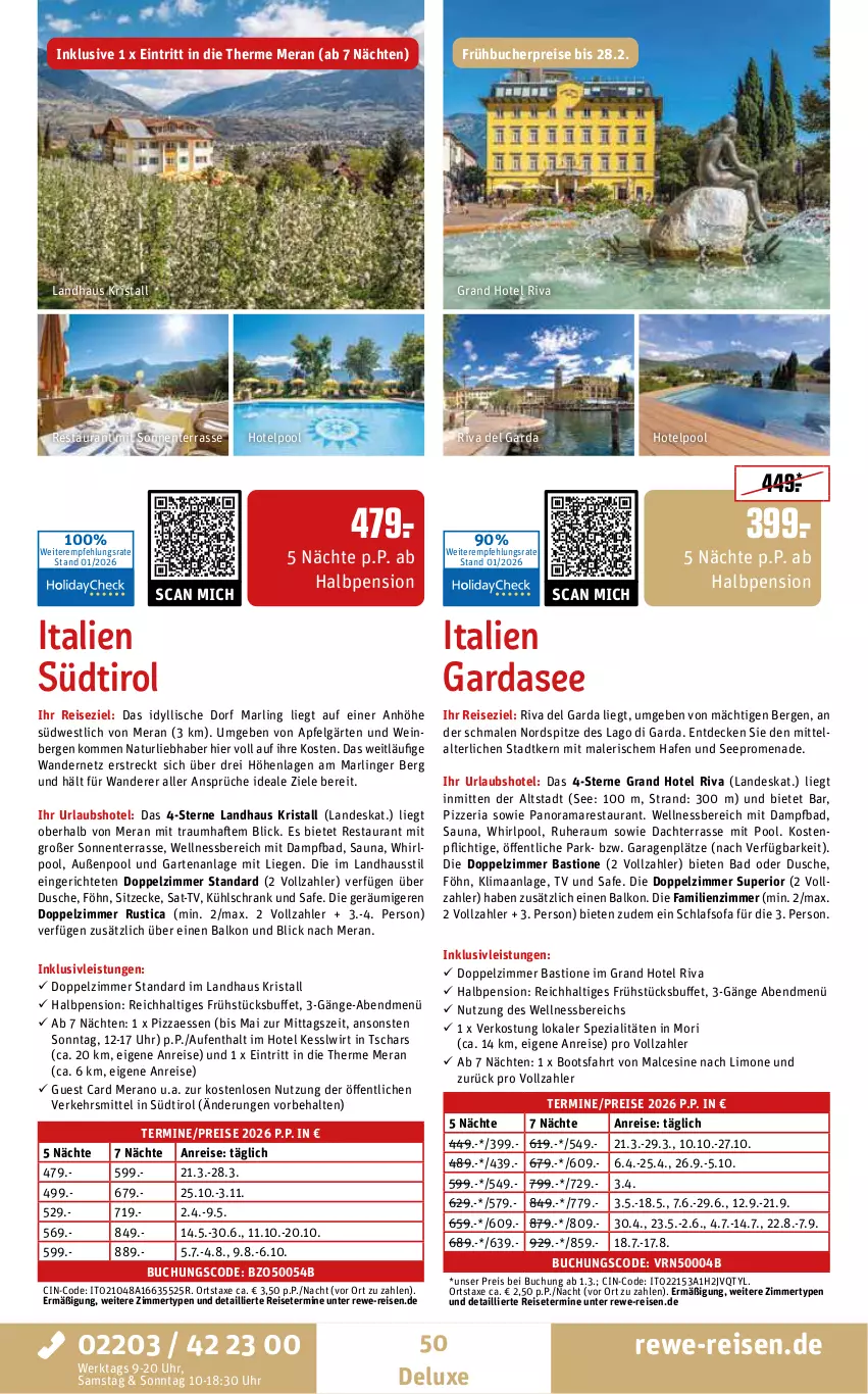 Aktueller Prospekt Rewe Reisen - Reiseprospekt - von 30.01 bis 27.02.2026 - strona 50 - produkty: apfel, asti, axe, Bad, buch, cin, decke, dusche, eis, ente, frühbucherpreise, Garten, inklusivleistungen, italien gardasee, kühlschrank, LG, Liege, limo, natur, pizza, pool, rama, reis, Ria, schlafsofa, Schrank, Sofa, Spezi, südwest, Ti, uhr, wein, wellnessbereich, Whirlpool