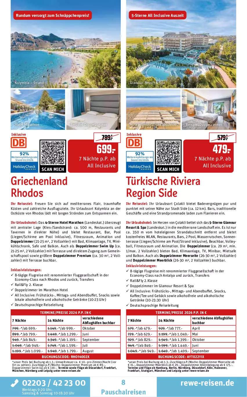 Aktueller Prospekt Rewe Reisen - Reiseprospekt - von 30.01 bis 27.02.2026 - strona 8 - produkty: alkohol, alkoholische getränke, Bad, ball, bett, buch, deutschsprachige reiseleitung, eis, elle, ente, getränk, getränke, inklusivleistungen, kaffee, kühlschrank, Liege, pool, pril, reis, Schal, schirme, schnäppchen, Schrank, snack, snacks, tee, Ti, uhr, wasser, wasserrutsche