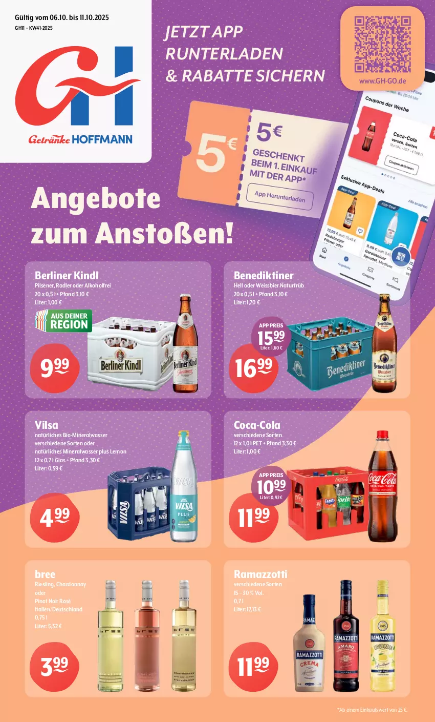 Aktueller Prospekt Getraenke Hoffmann - Prospekte - von 06.10 bis 11.10.2025 - strona 1 - produkty: alkohol, Alwa, angebot, angebote, Benediktiner, berliner, berliner kindl, bier, bio, bree, chardonnay, coca-cola, cola, eis, mineralwasser, natur, natürliches mineralwasser, pils, pilsener, Pinot, pinot noir, radler, rama, ramazzott, ramazzotti, reis, riesling, Ti, vilsa, wasser, weissbier, zott